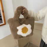 Winter Large Capacity Handbag Woolen Faux Fur Flower Plush Tote Bag