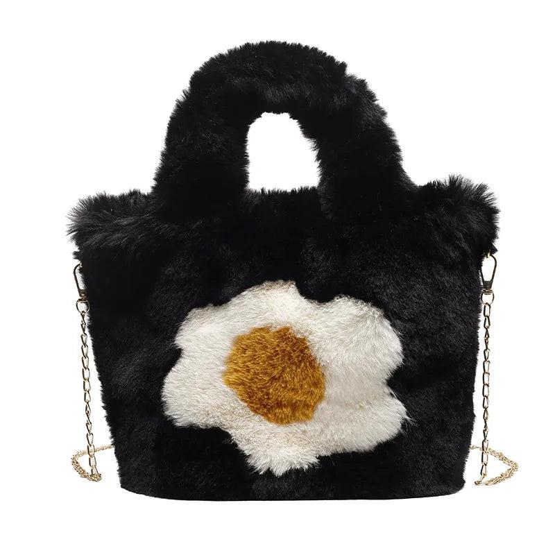 Winter Large Capacity Handbag Woolen Faux Fur Flower Plush Tote Bag