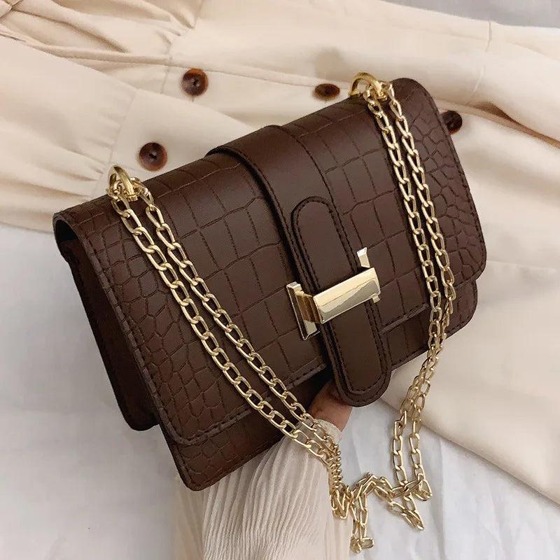 Stone Grain Women Chain Shoulder Bags Vintage PU Leather Crossbody Messenger Han