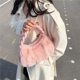 Faux Fur Mini Tote Bags Soft PU Braided Handle Bucket Bags