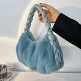 Faux Fur Mini Tote Bags Soft PU Braided Handle Bucket Bags