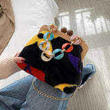 Winter Plush Shoulder Bags for Women Wooden Clip Purses