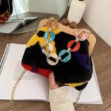 Winter Plush Shoulder Bags for Women Wooden Clip Purses