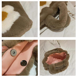 Winter Woolen Faux Fur Flower Plush Tote Bag Large Capacity Handbag