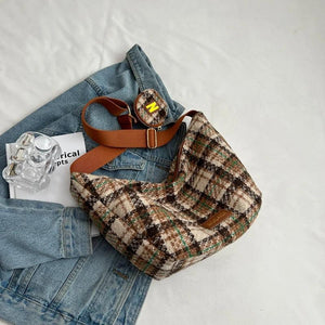 Plaid Woolen Knitted Hobo Shoulder Bag