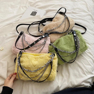 Fluffy Crossbody Bag Multi-layer Chains Solid Shoulder Bag
