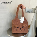 Geestock Winter Plush Bag Cartoon Embroidery Lamb Hair Shoulder Bags
