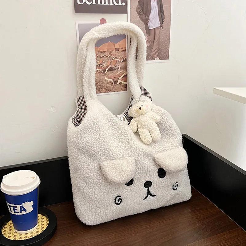 Geestock Winter Plush Bag Cartoon Embroidery Lamb Hair Shoulder Bags