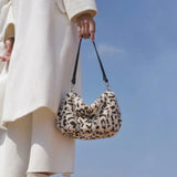 Vintage Leopard Women Plush Hobos Underarm Bag Faux Fur Small Shoulder Ba