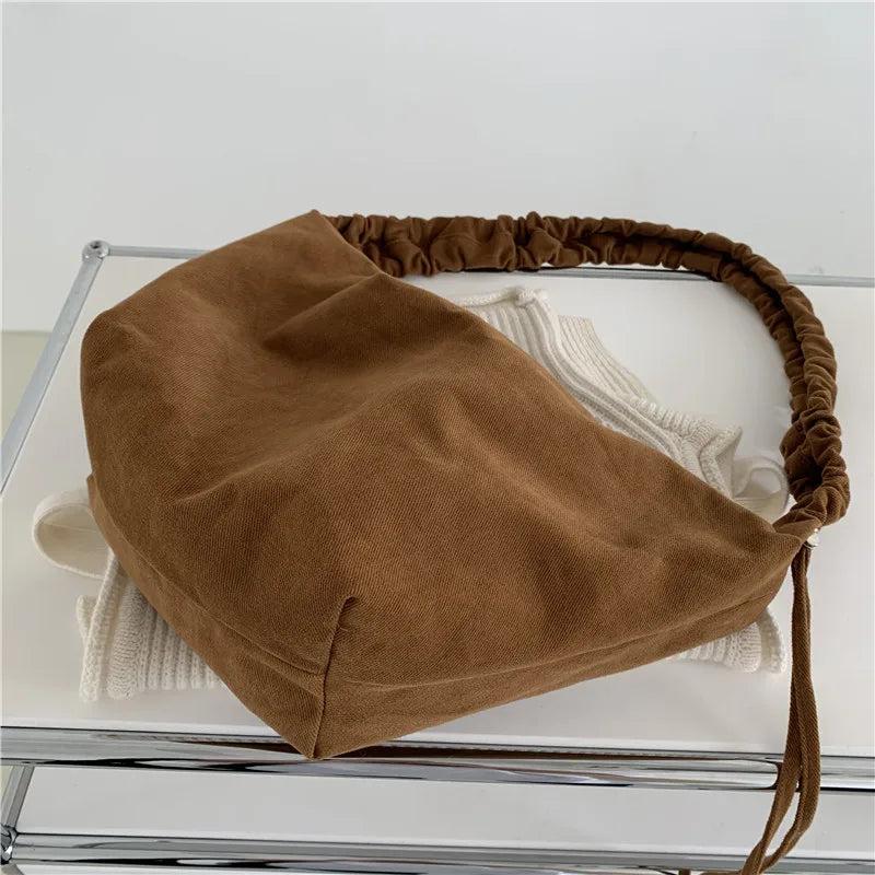 Canvas Pleated Drawstring Shoulder Bag Large Capacity Tote Bag