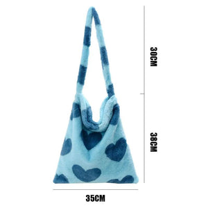 Plush Shoulder Bag Love Heart Pattern Furry Tote Winter Crossbody Large Capacity