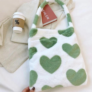 Plush Shoulder Bag Love Heart Pattern Furry Tote Winter Crossbody Large Capacity