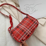 Retro Plaid Underarm Bag Chain Strap Zipper Mini Handbag Casual Shoulder Bag