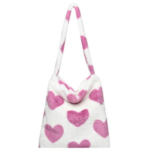 Women Fluffy Plush Shoulder Bag Retro Large Capacity Casual Zipper Handbag