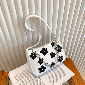 Canvas Flower Print Handbag Small Chain Purse Tote Shoulder Bag for Women