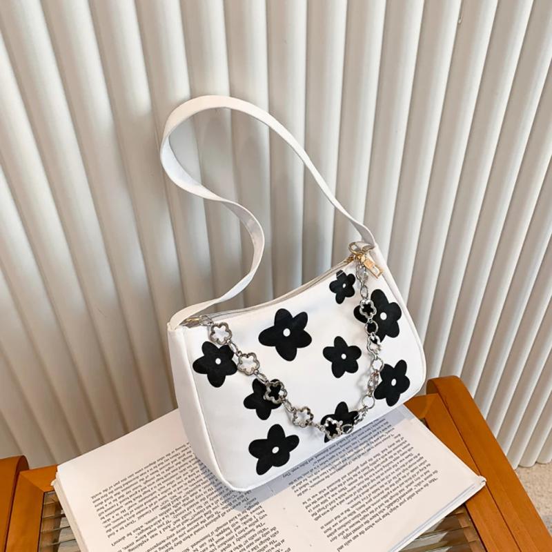 Canvas Flower Print Handbag Small Chain Purse Tote Shoulder Bag for Women