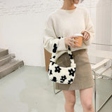 Women Plush Faux Fur Flower Pattern Underarm Bag Handbag Lady Zipper