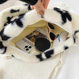 Women Plush Faux Fur Flower Pattern Underarm Bag Handbag Lady Zipper