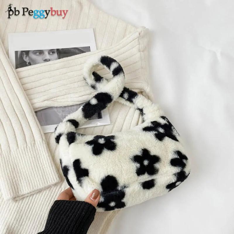 Women Plush Faux Fur Flower Pattern Underarm Bag Handbag Lady Zipper