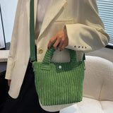 Corduroy Bucket Handbag Crossbody Tote Bag Button Closure Storage