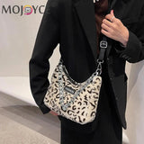 Leopard Printed Shoulder Bag Soft Plush Chain Zipper Handbag