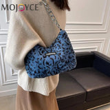 Leopard Printed Shoulder Bag Soft Plush Chain Zipper Handbag