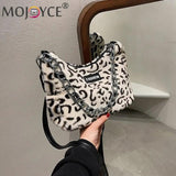 Leopard Printed Shoulder Bag Soft Plush Chain Zipper Handbag