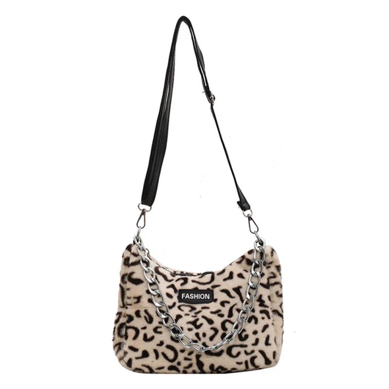 Leopard Printed Shoulder Bag Soft Plush Chain Zipper Handbag