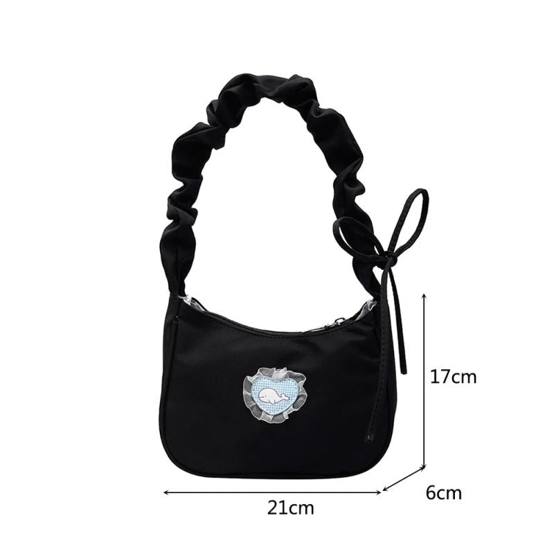 Vintage Pleated Underarm Bag Canvas Heart Pattern Handbag