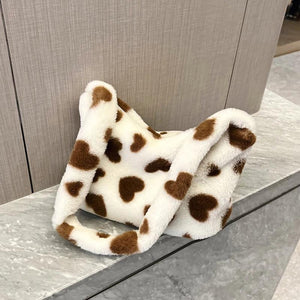 Fluffy Women Handbags Love Heart Print Soft Portable