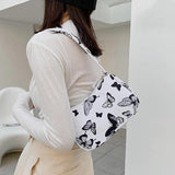 Butterfly Print Canvas Tote Small Handbag Zipper Half Moon Bag