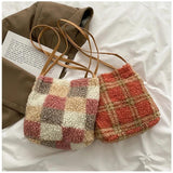 Geestock Plaid Lamb Plush Bag Women Bag Winter And Autumn Plush Furry Lady Handb