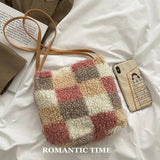 Geestock Plaid Lamb Plush Bag Women Bag Winter And Autumn Plush Furry Lady Handb