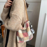 Geestock Plaid Lamb Plush Bag Women Bag Winter And Autumn Plush Furry Lady Handb