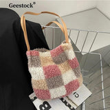 Geestock Plaid Lamb Plush Bag Women Bag Winter And Autumn Plush Furry Lady Handb