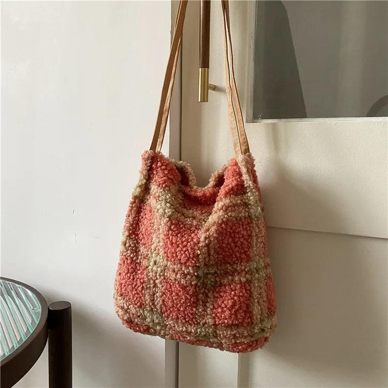 Geestock Plaid Lamb Plush Bag Women Bag Winter And Autumn Plush Furry Lady Handb