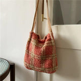 Geestock Plaid Lamb Plush Bag Women Bag Winter And Autumn Plush Furry Lady Handb