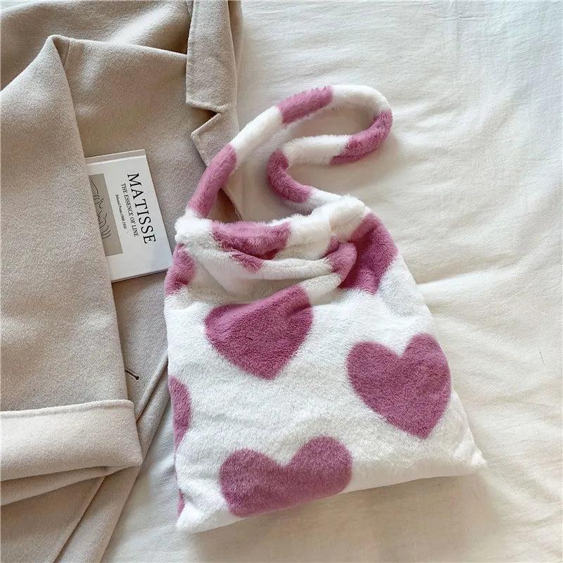 Plush Fluffy Shoulder Bag Mini Handbag Winter Clutches Heart Street Travel Bags