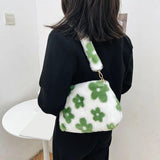 Women Flowers Print Shoulder Bag Winter Soft Plush Underarm Bags