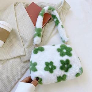 Women Flowers Print Shoulder Bag Winter Soft Plush Underarm Bags