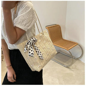 Summer Women Straw Shoulder Bag Flower Lace Beach Handbag Large Capacity Tote