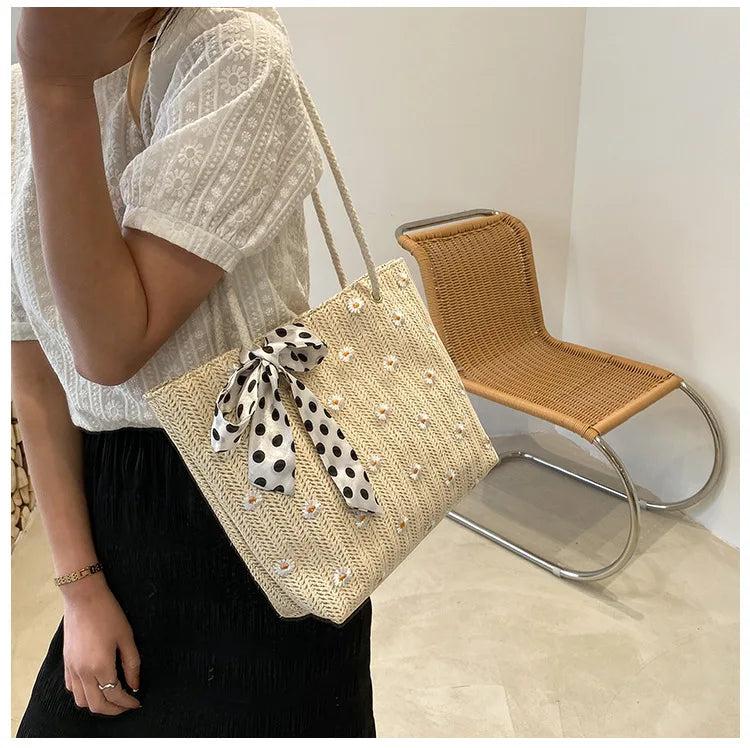 Summer Women Straw Shoulder Bag Flower Lace Beach Handbag Large Capacity Tote