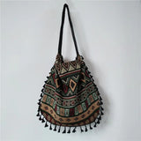 Vintage Ethnic Style Shoulder Bag Tassel Cotton Linen Inner Pocket