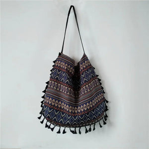 Vintage Ethnic Style Shoulder Bag Tassel Cotton Linen Inner Pocket