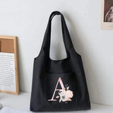 Pink Flower Canvas Vest Shoulder Bag Cartoon Shopper Bag