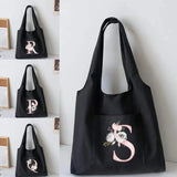 Pink Flower Canvas Vest Shoulder Bag Cartoon Shopper Bag