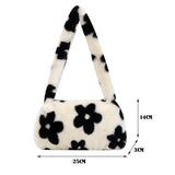 Women Plush Flower Print Shoulder Bag Casual Handbags Purse Winter Tote
