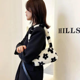 Women Plush Flower Print Shoulder Bag Casual Handbags Purse Winter Tote