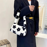 Women Plush Flower Print Shoulder Bag Casual Handbags Purse Winter Tote