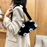 Women Plush Flower Print Shoulder Bag Casual Handbags Purse Winter Tote